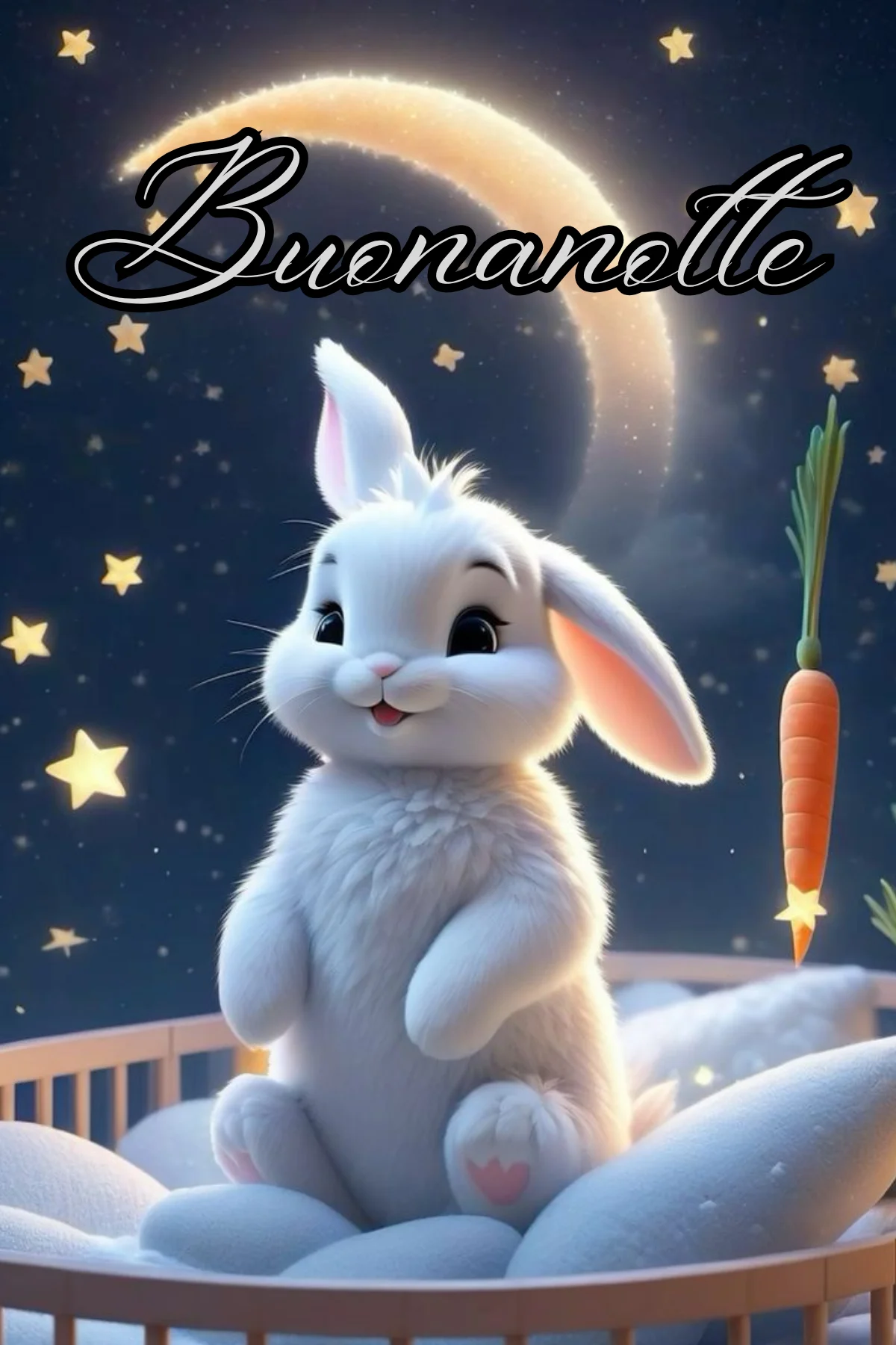 Coniglietto bianco in culla sotto luna e stelle immagini buonanotte nuove