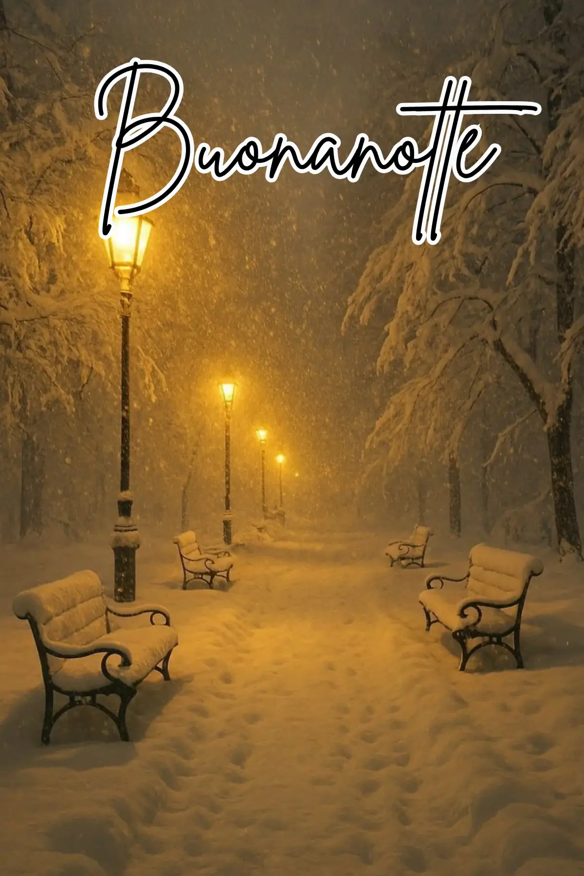 Viale innevato con panchine e lampioni dorati nella notte buonanotte invernale