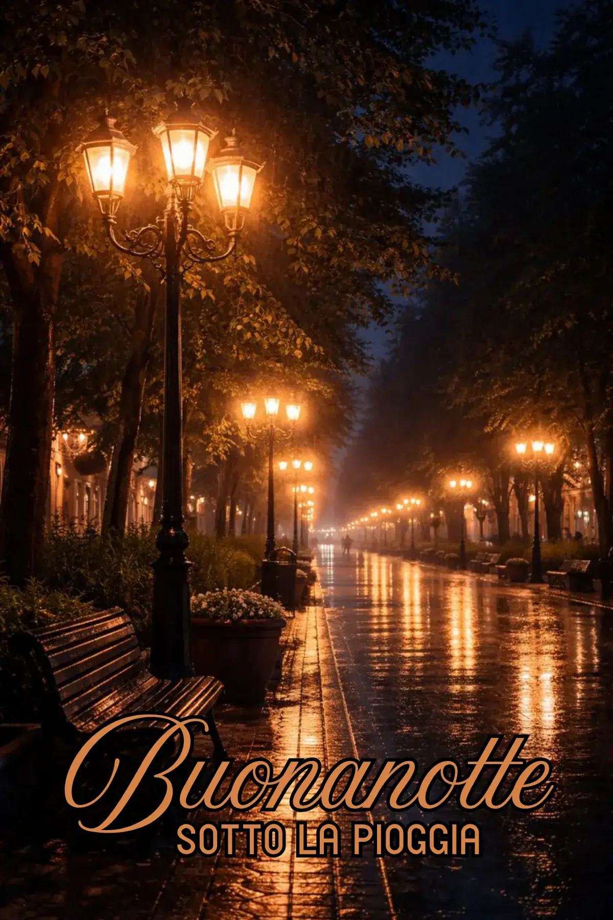 Viale con lampioni illuminati sotto la pioggia notturna immagini buonanotte bellissime