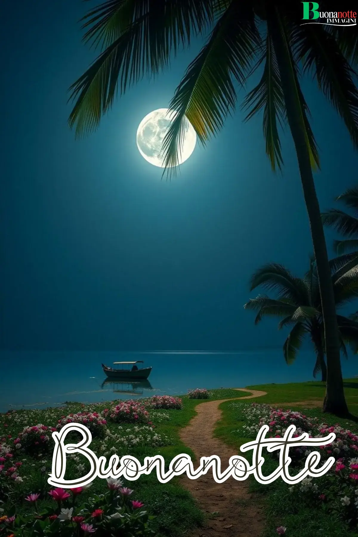 Luna piena sul mare tropicale con palme e fiori buonanotte estiva