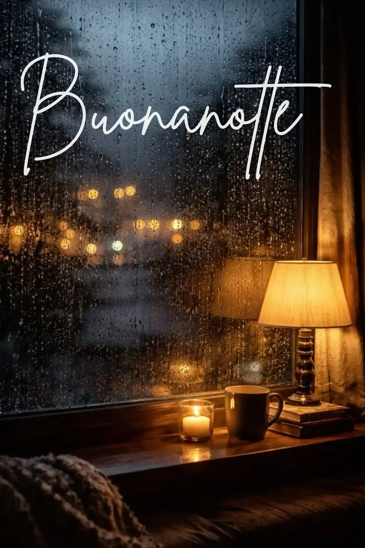 Finestra con pioggia candela accesa tazza e lampada buonanotte bellissime