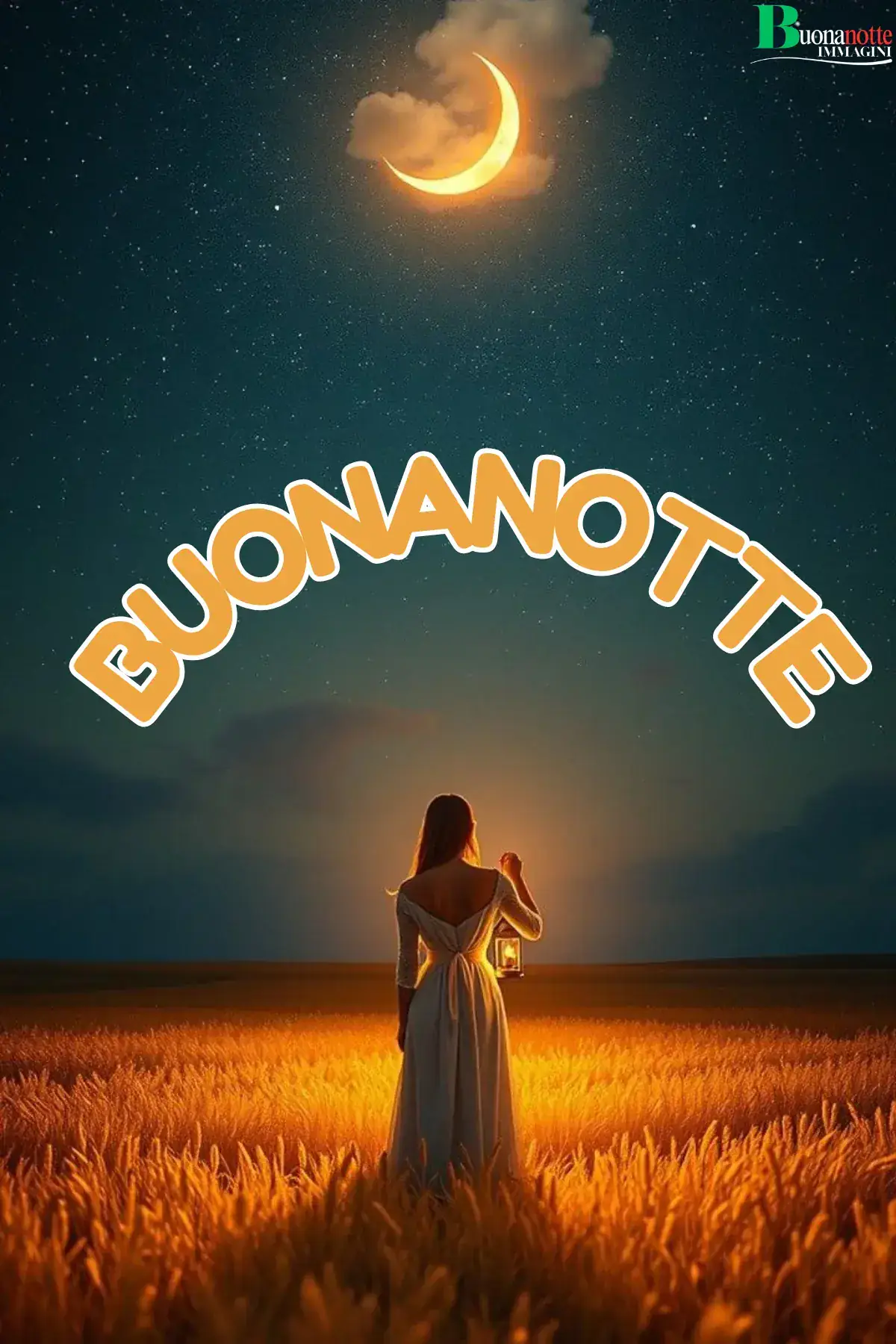 Donna con lanterna in campo di grano sotto luna crescente buonanotte estiva