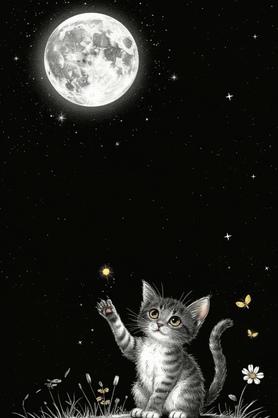 Gattino grigio alza zampa verso luna piena notte stellata buonanotte gif