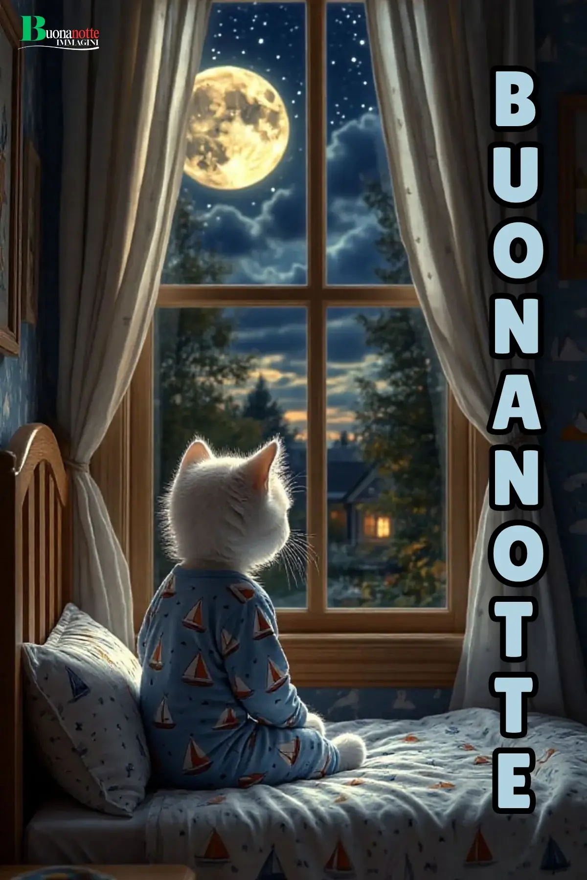 Gattino bianco in pigiama guarda la luna piena dalla finestra immagine buonanotte