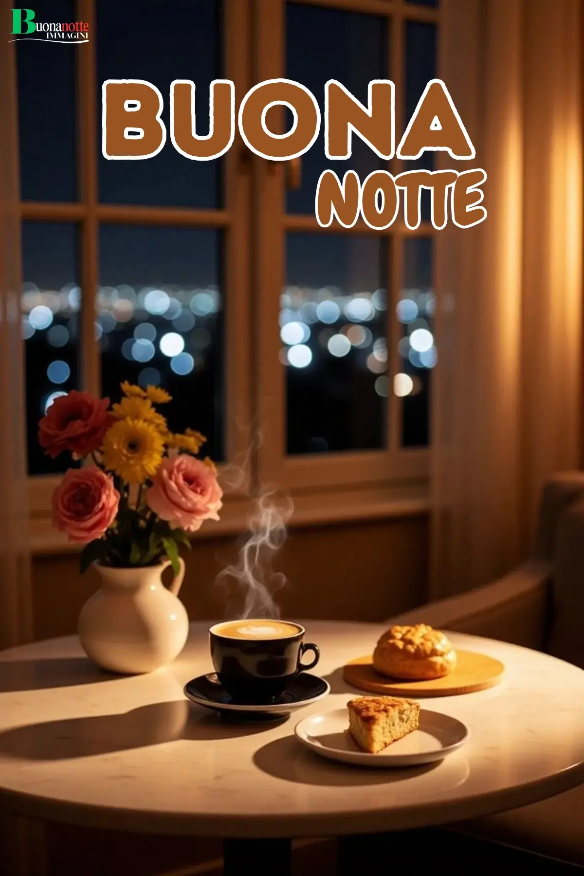 Tazza cappuccino fumante dolcetti fiori finestra notturna buonanotte immagine