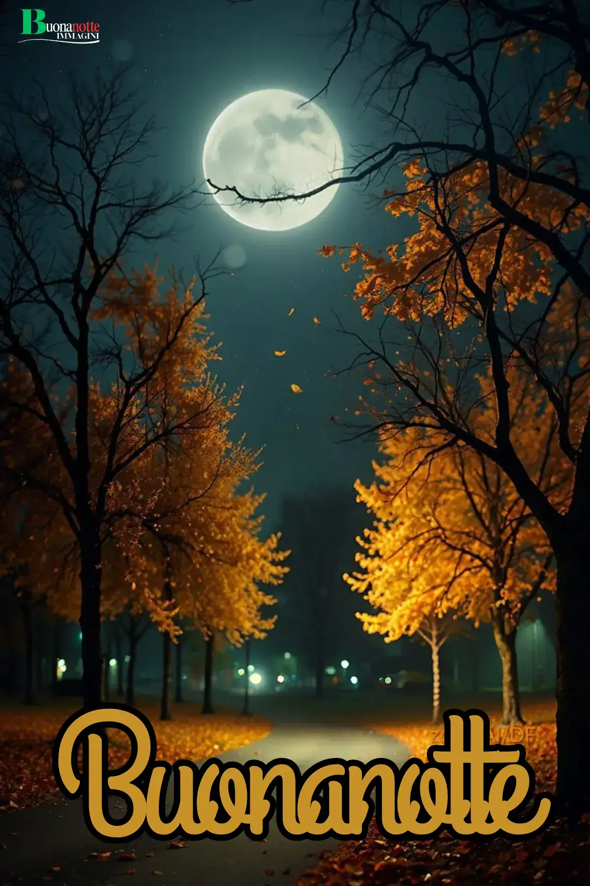 Viale autunnale con foglie dorate sotto luna piena buonanotte autunnale