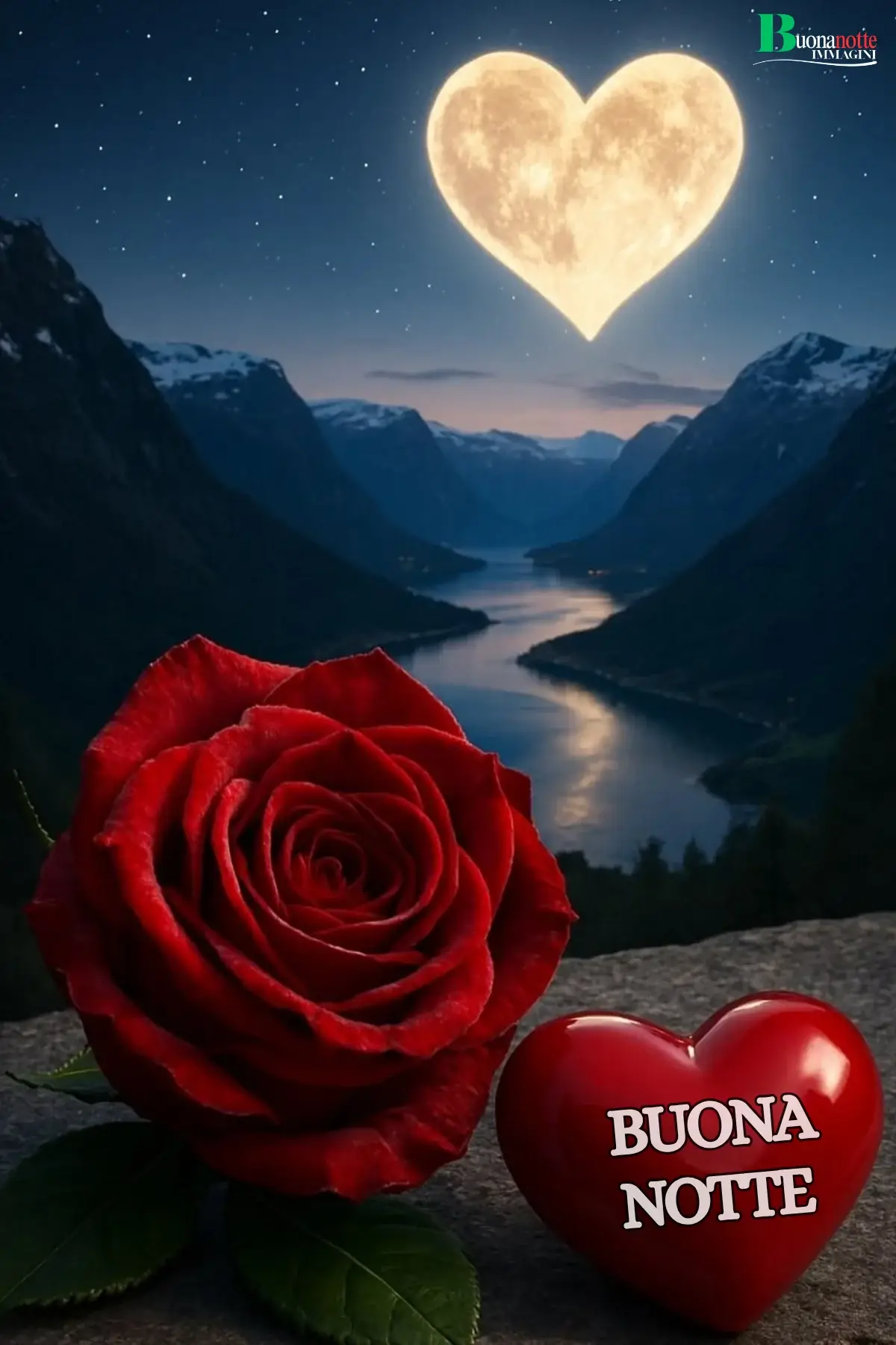 Rosa rossa e luna cuore buonanotte sogni d'oro montagne