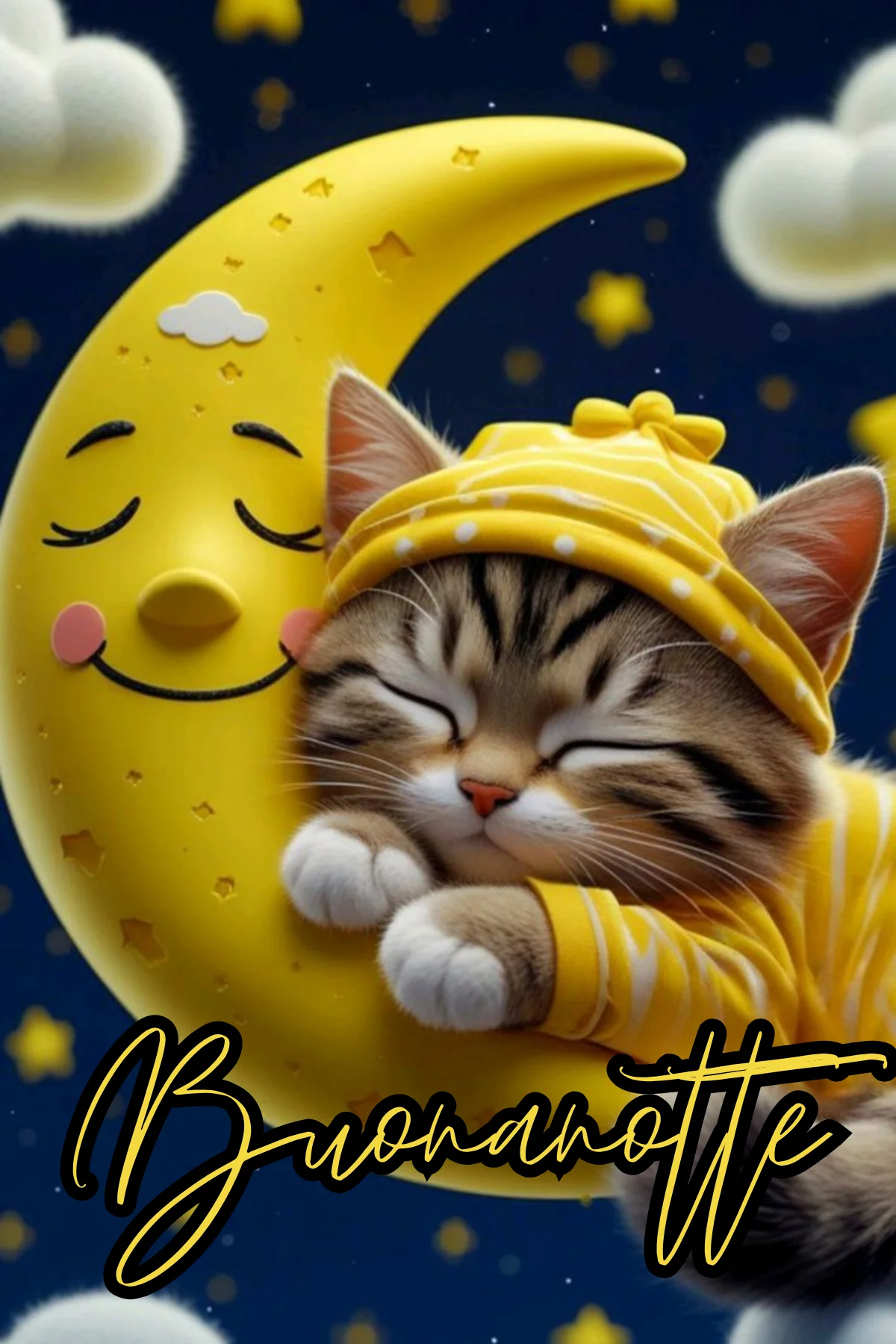 Gattino col pigiama giallo dorme sulla luna sorridente buonanotte WhatsApp
