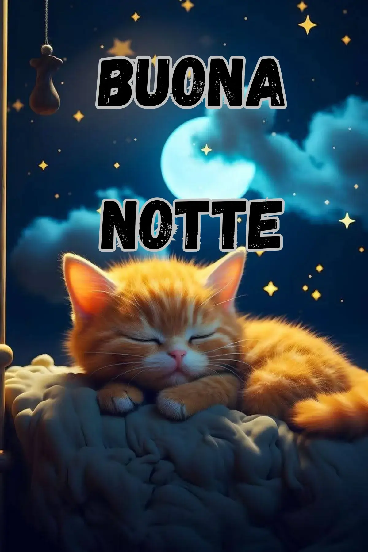 Gattino arancione addormentato su coperta sotto luna piena buonanotte divertente