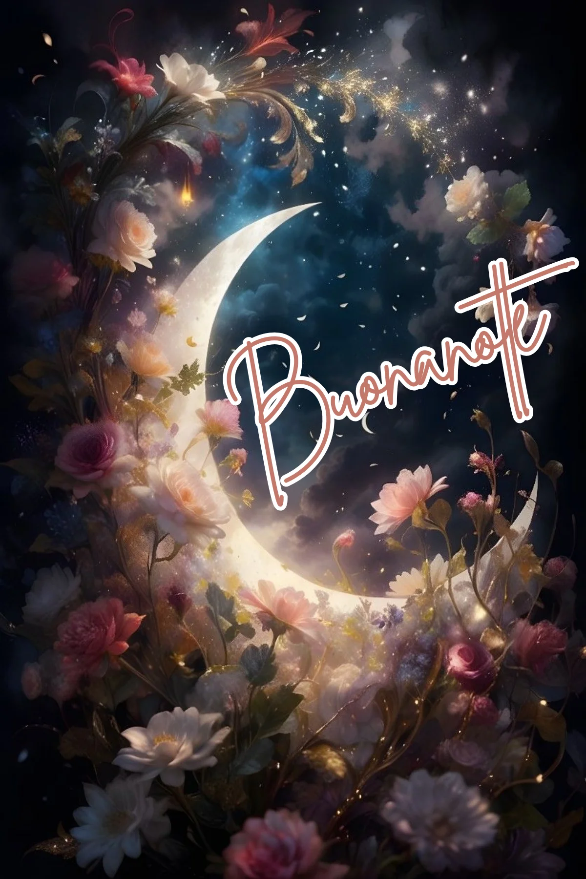 Mezzaluna luminosa tra fiori colorati e stelle dorate immagine buonanotte originale