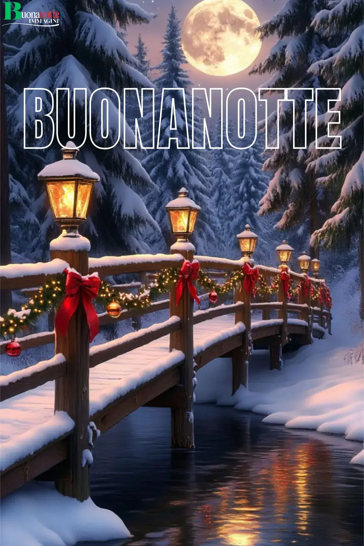 Ponte innevato con lanterne fiocchi rossi e luna piena buonanotte natalizia