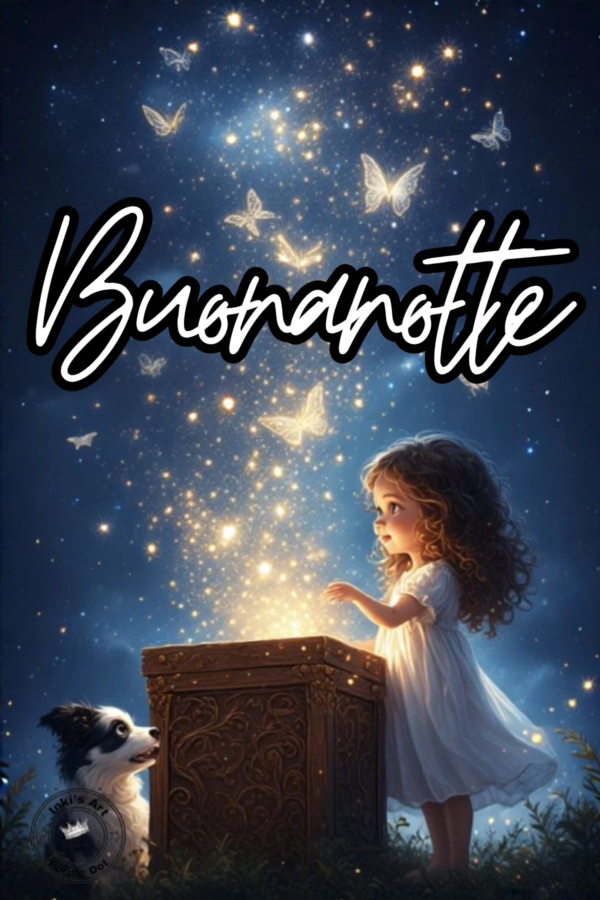 Bimba riccia apre scrigno magico con farfalle luminose e cagnolino buonanotte immagini nuove