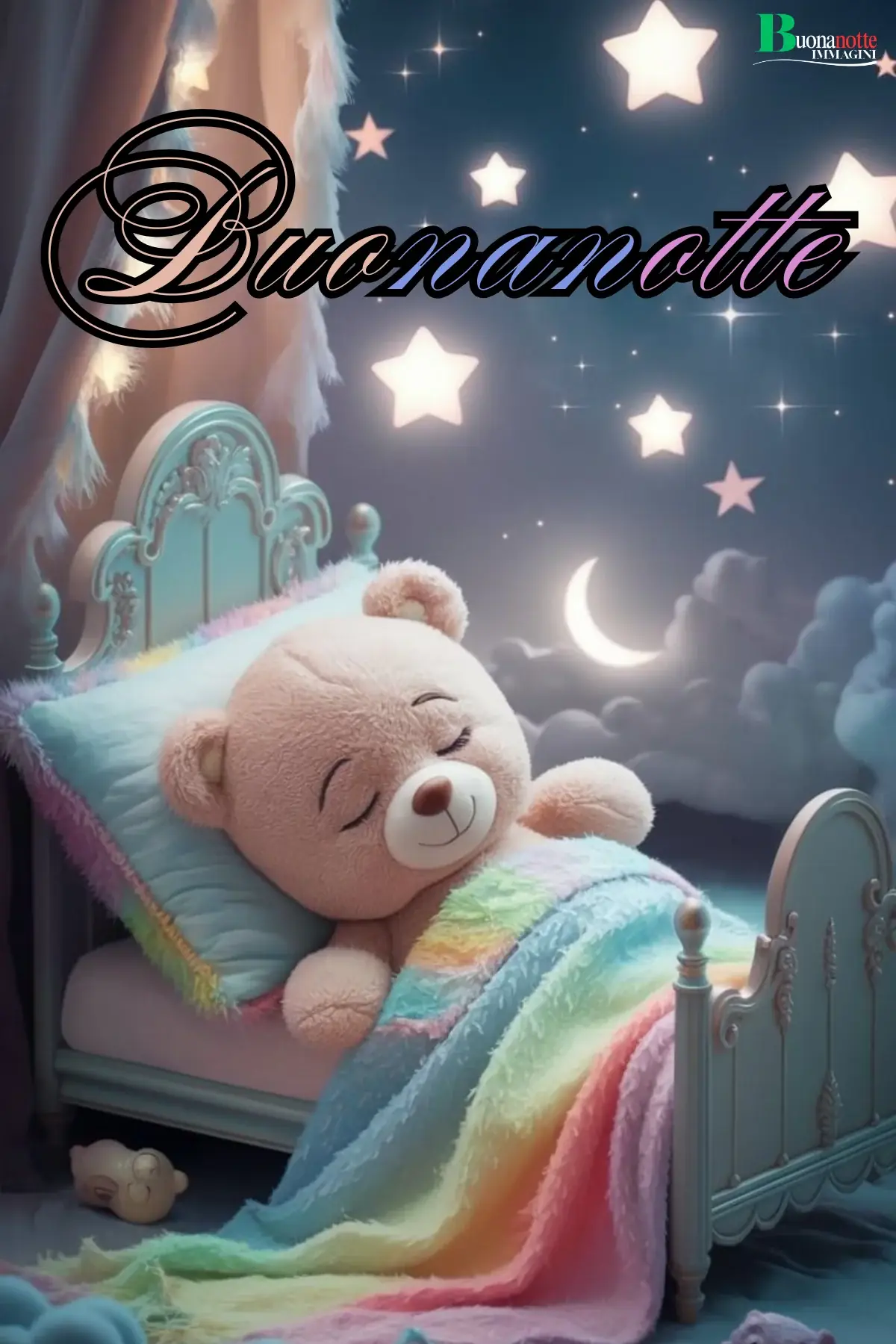 Orsetto peluche che dorme in lettino con coperta arcobaleno buonanotte divertente