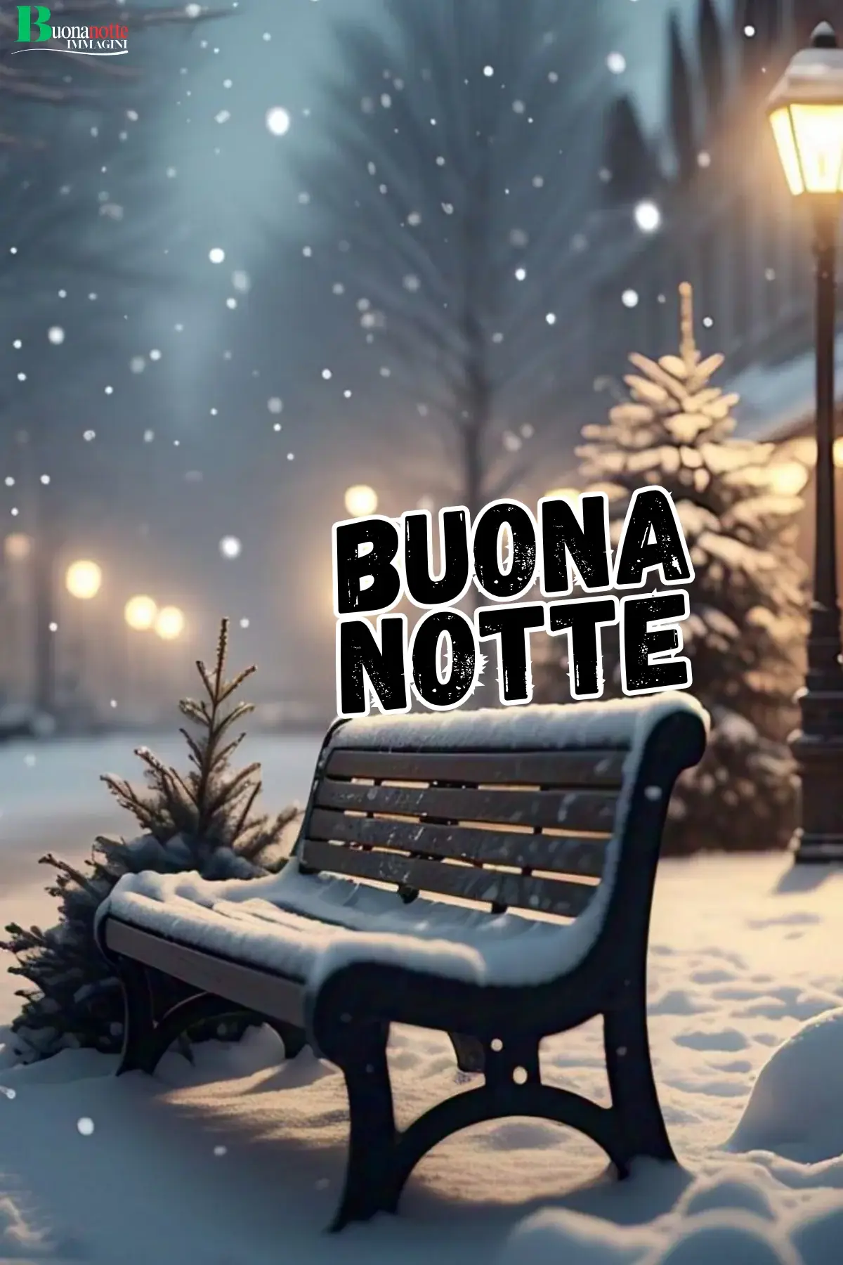 Panchina innevata con lampione acceso nella notte invernale buonanotte