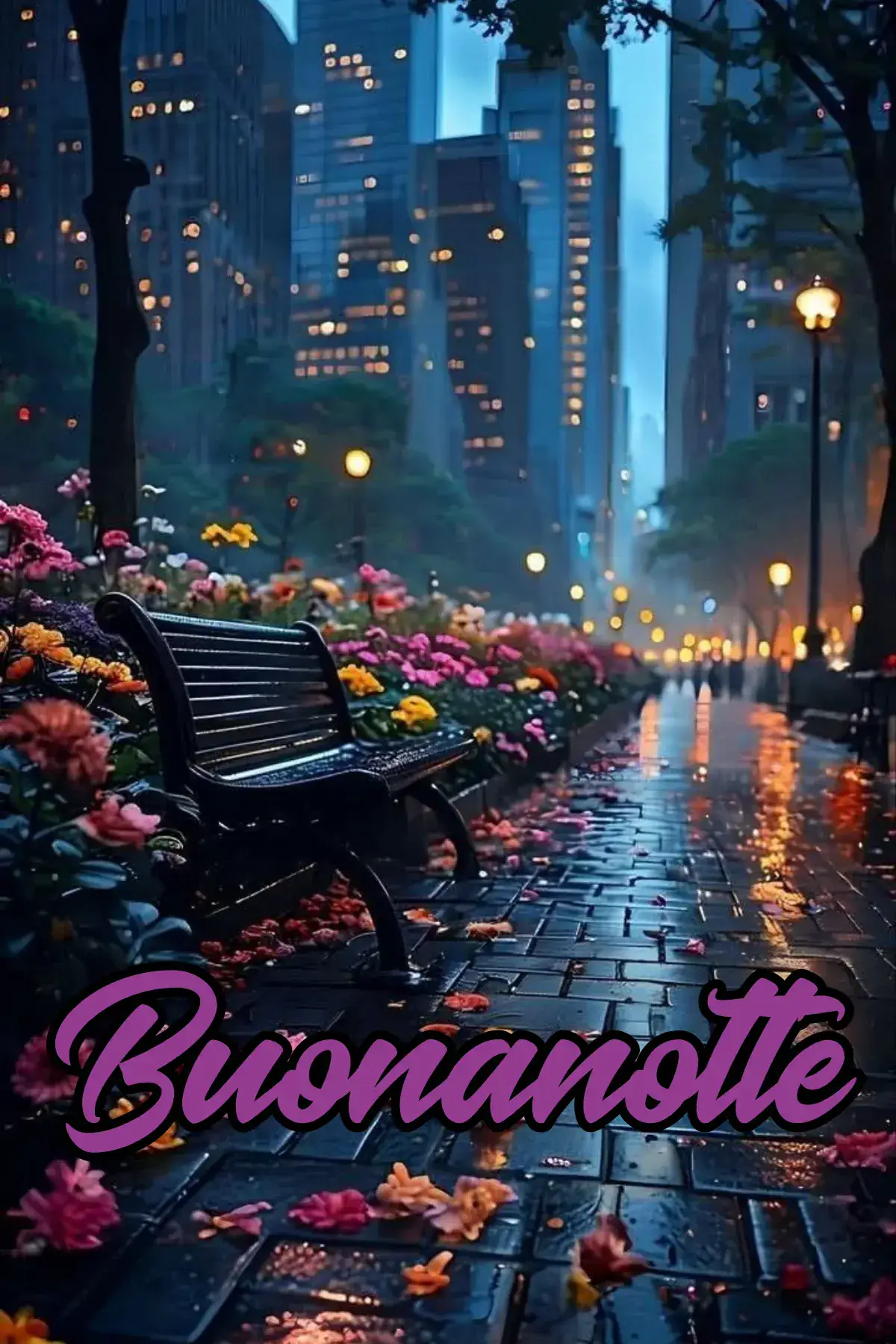 Panchina tra fiori colorati su viale piovoso notturno immagine buonanotte bellissima