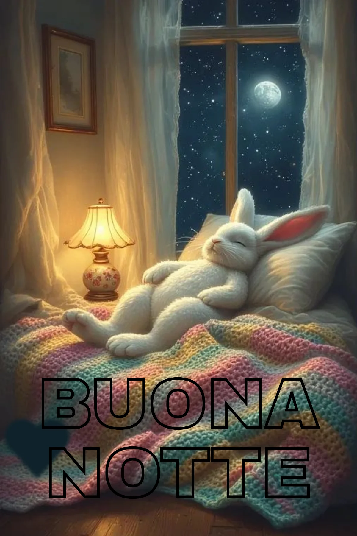 Coniglietto bianco addormentato su coperta colorata con luna piena immagine buonanotte