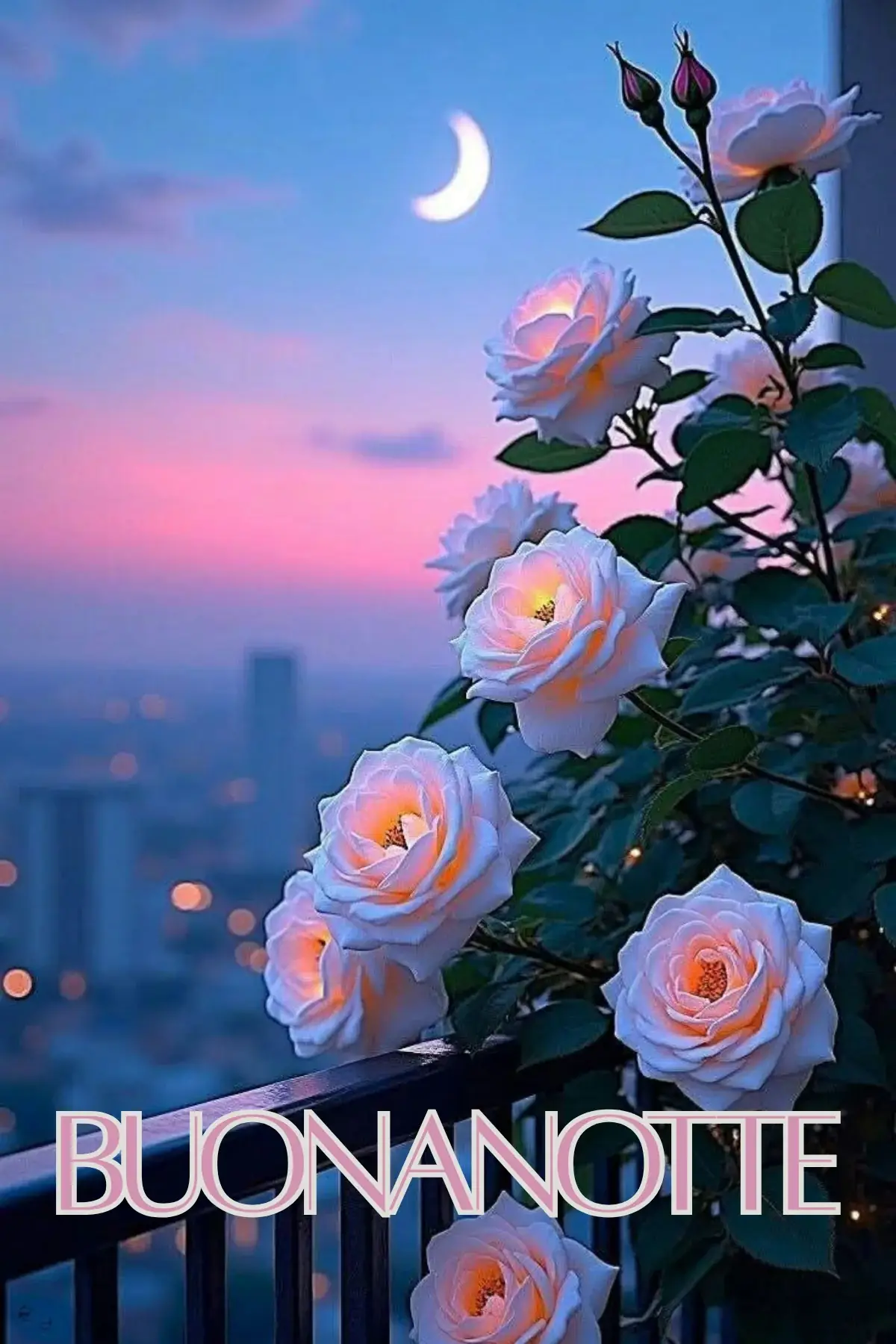 Rose bianche illuminate al tramonto su balcone con luna crescente immagine buonanotte