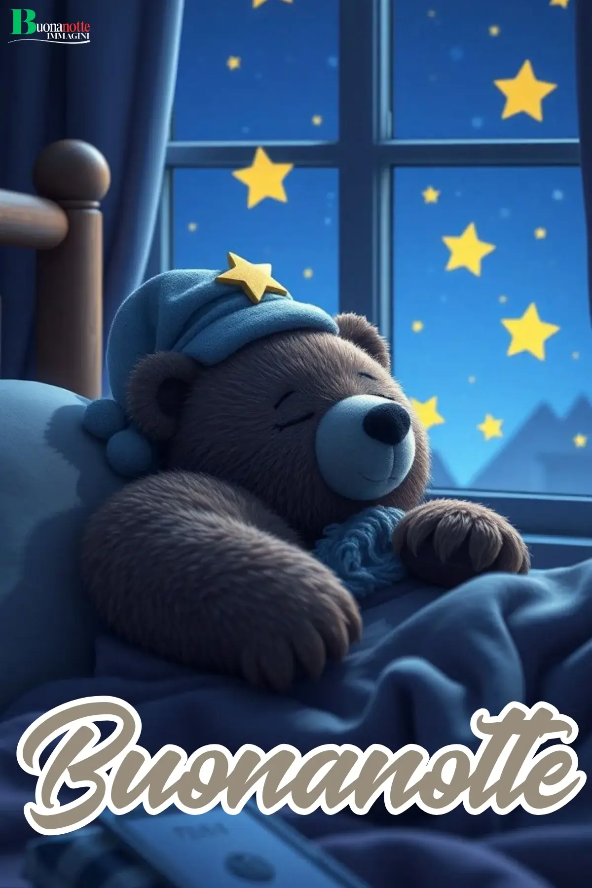 Orsacchiotto peluche che dorme con berretto da notte stellato buonanotte divertente