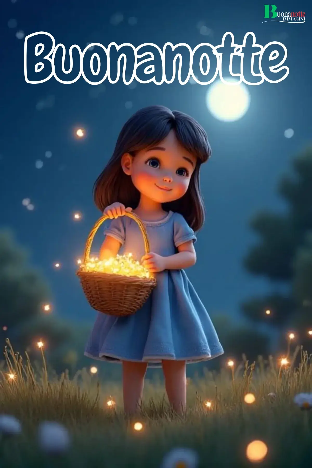 Bambina animata con cestino di lucciole nel prato notturno buonanotte divertente
