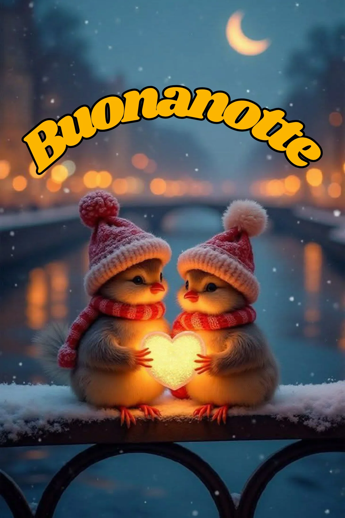 Due pulcini con cappellini reggono cuore luminoso sulla neve immagini buonanotte nuove