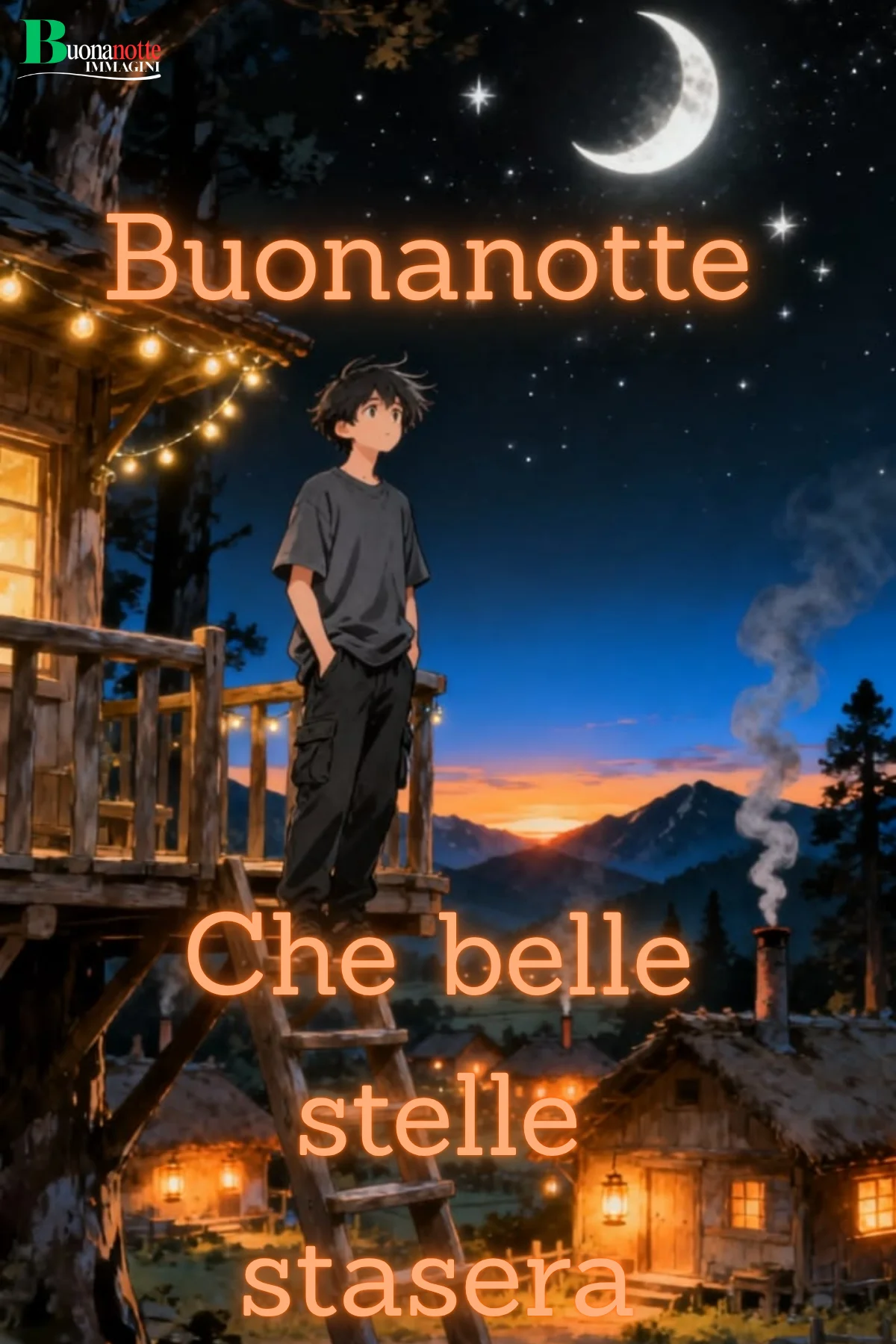 Ragazzo sulla casa nell albero sotto la luna di notte