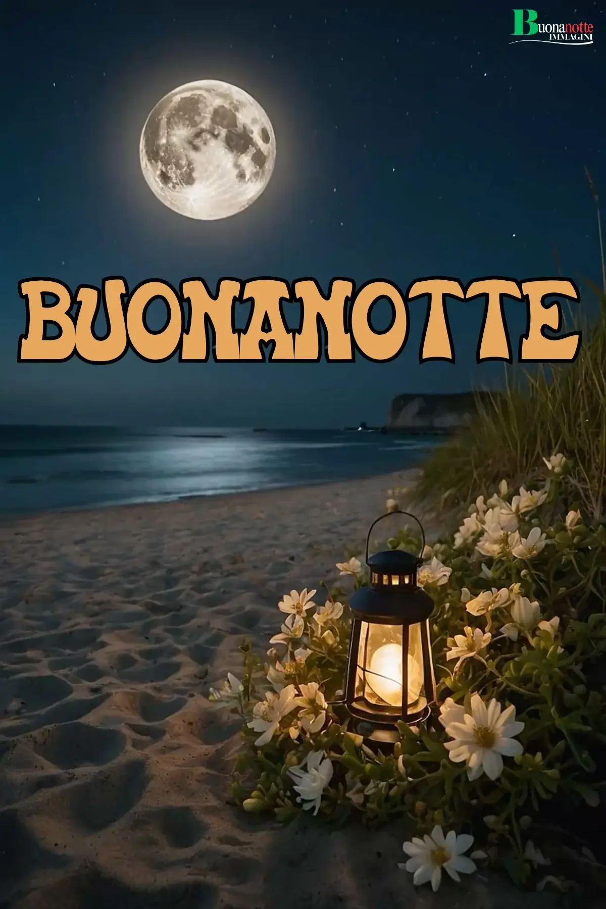 Luna piena sul mare buonanotte estiva con lanterna