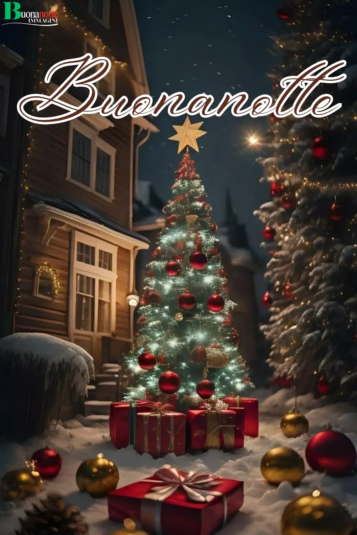 Albero di Natale illuminato con regali nella neve buonanotte natalizia