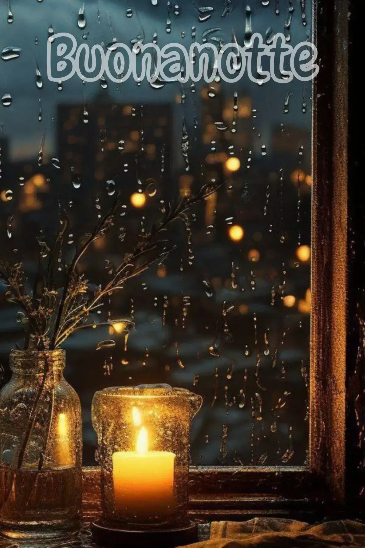 Candela accesa sul davanzale con pioggia sul vetro e luci notturne immagini buonanotte bellissime