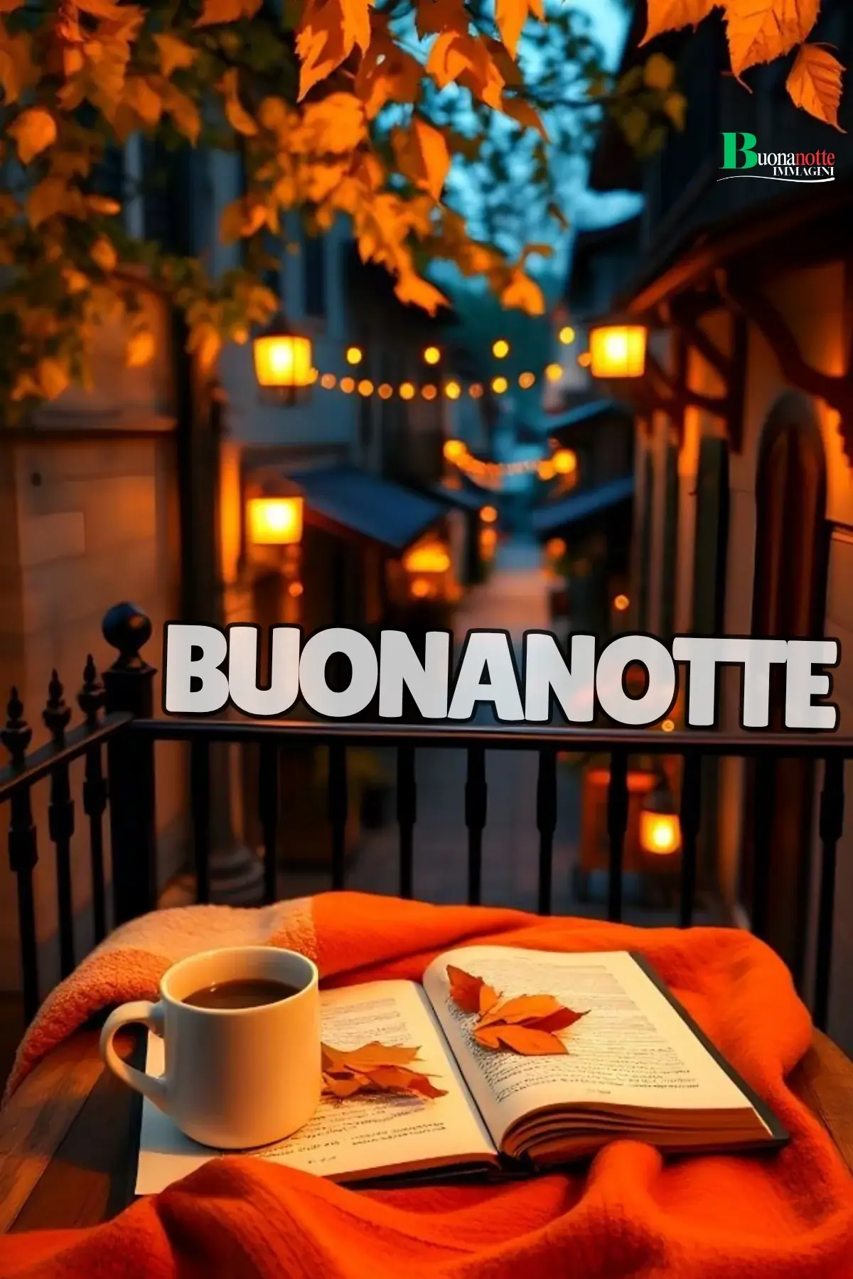 Balcone autunnale con libro tazza e foglie arancioni buonanotte autunnale