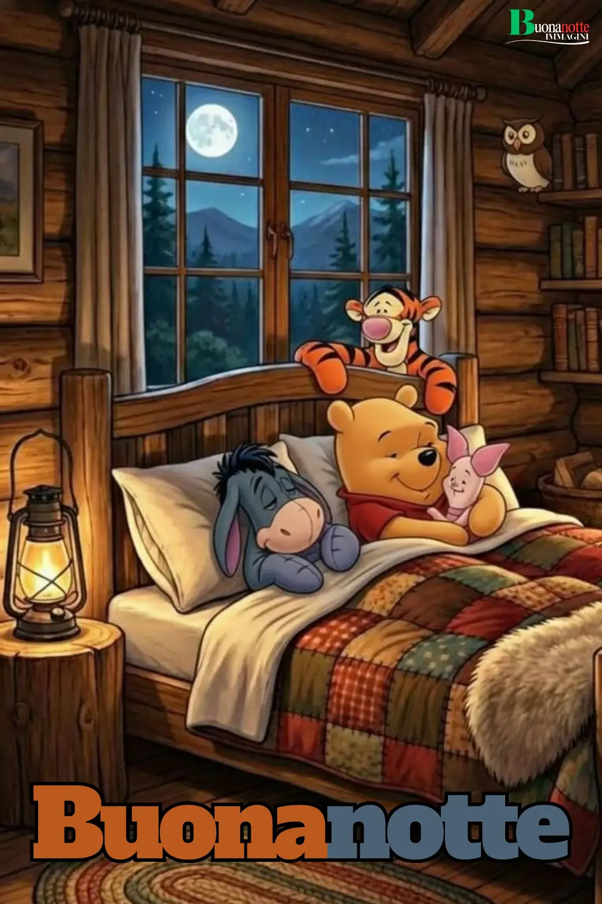 Winnie e amici a letto in baita con luna piena buonanotte divertente