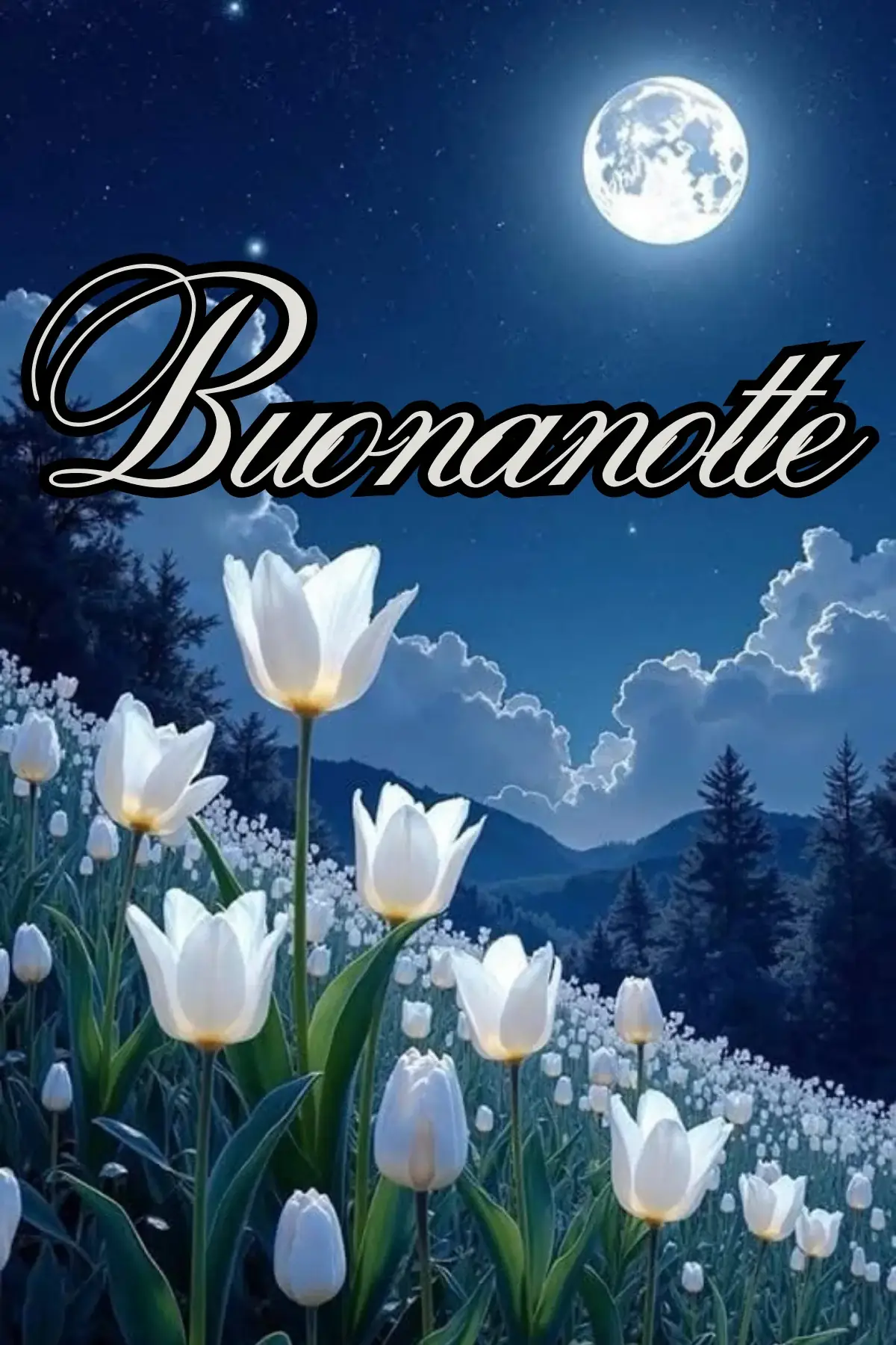 Tulipani bianchi illuminati dalla luna piena tra montagne notturne immagine buonanotte