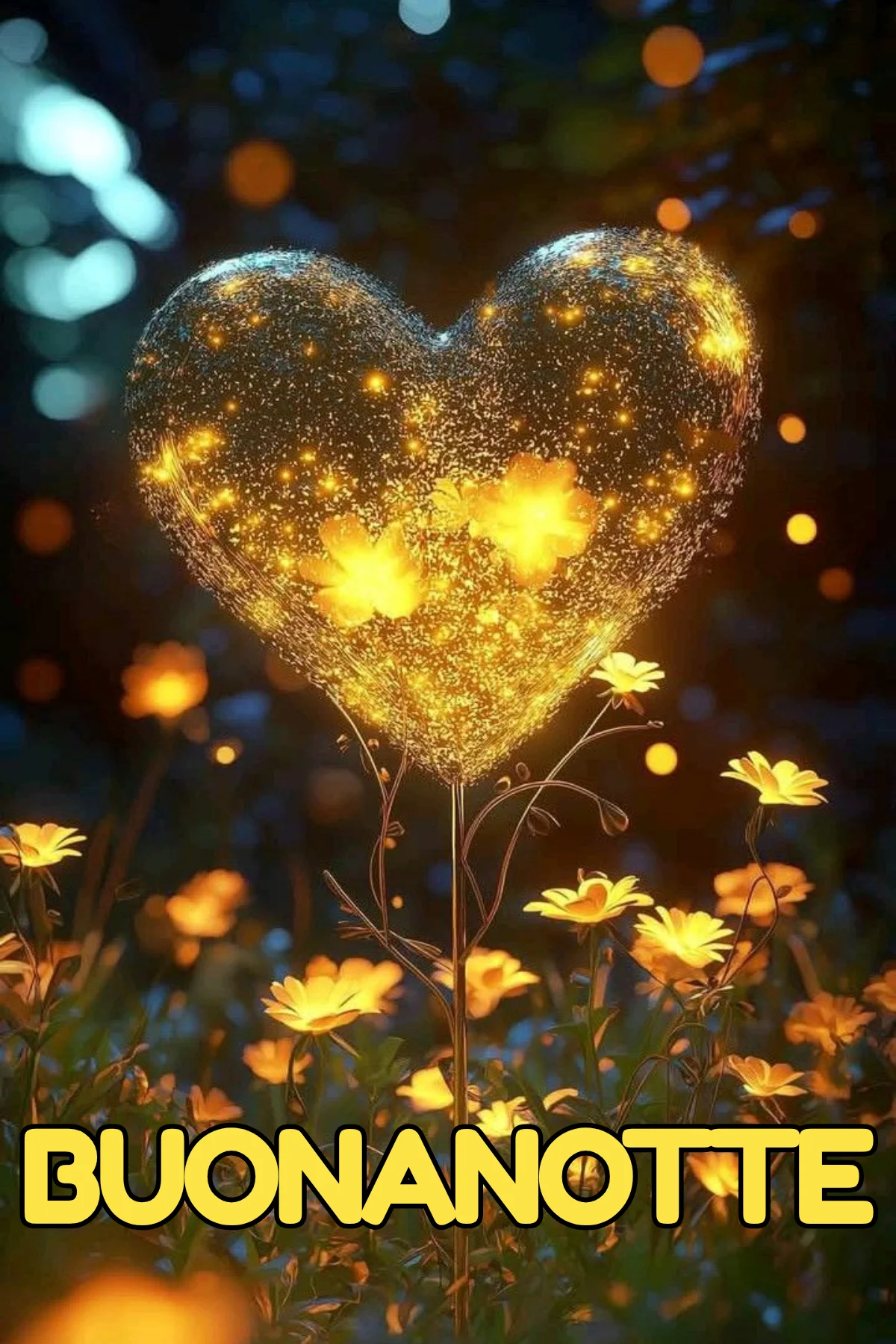 Cuore luminoso con farfalle dorate tra fiori notturni buonanotte speciale