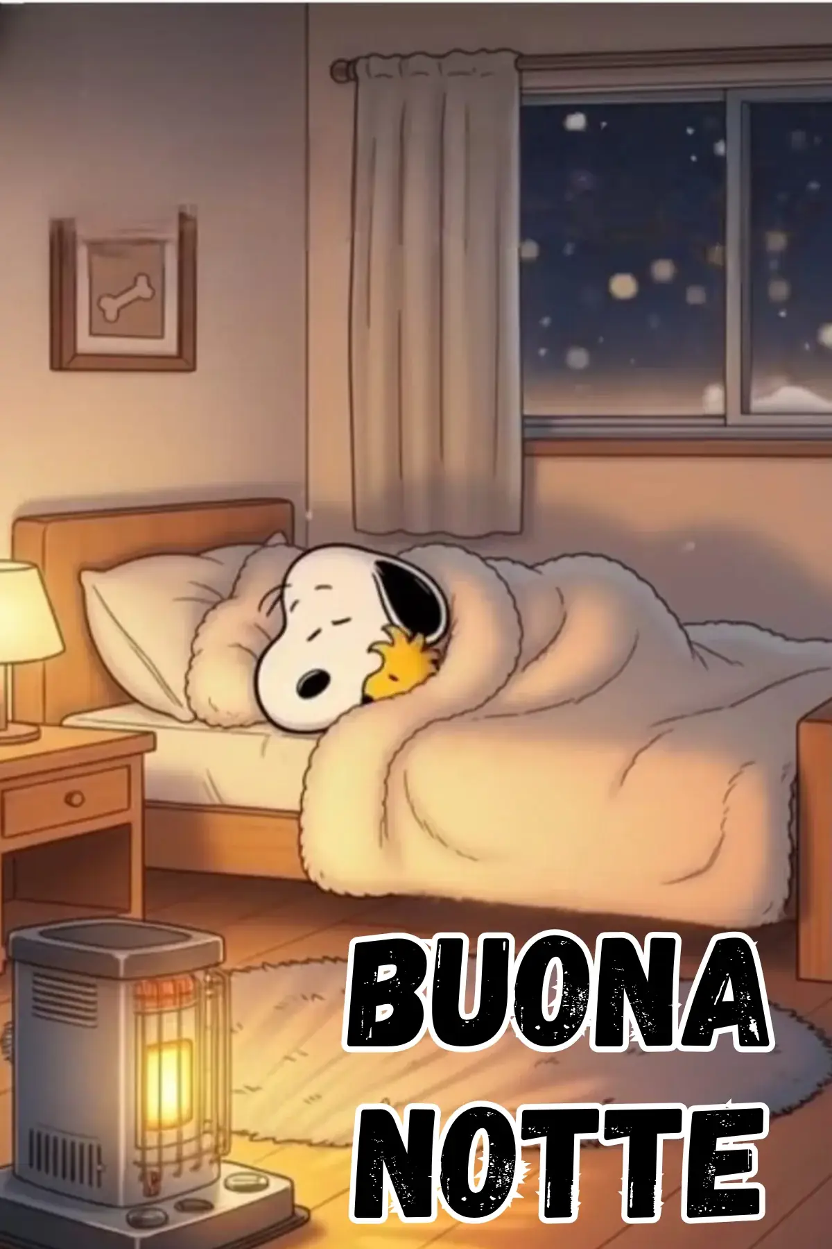Snoopy e Woodstock dormono abbracciati sotto le coperte buonanotte divertente