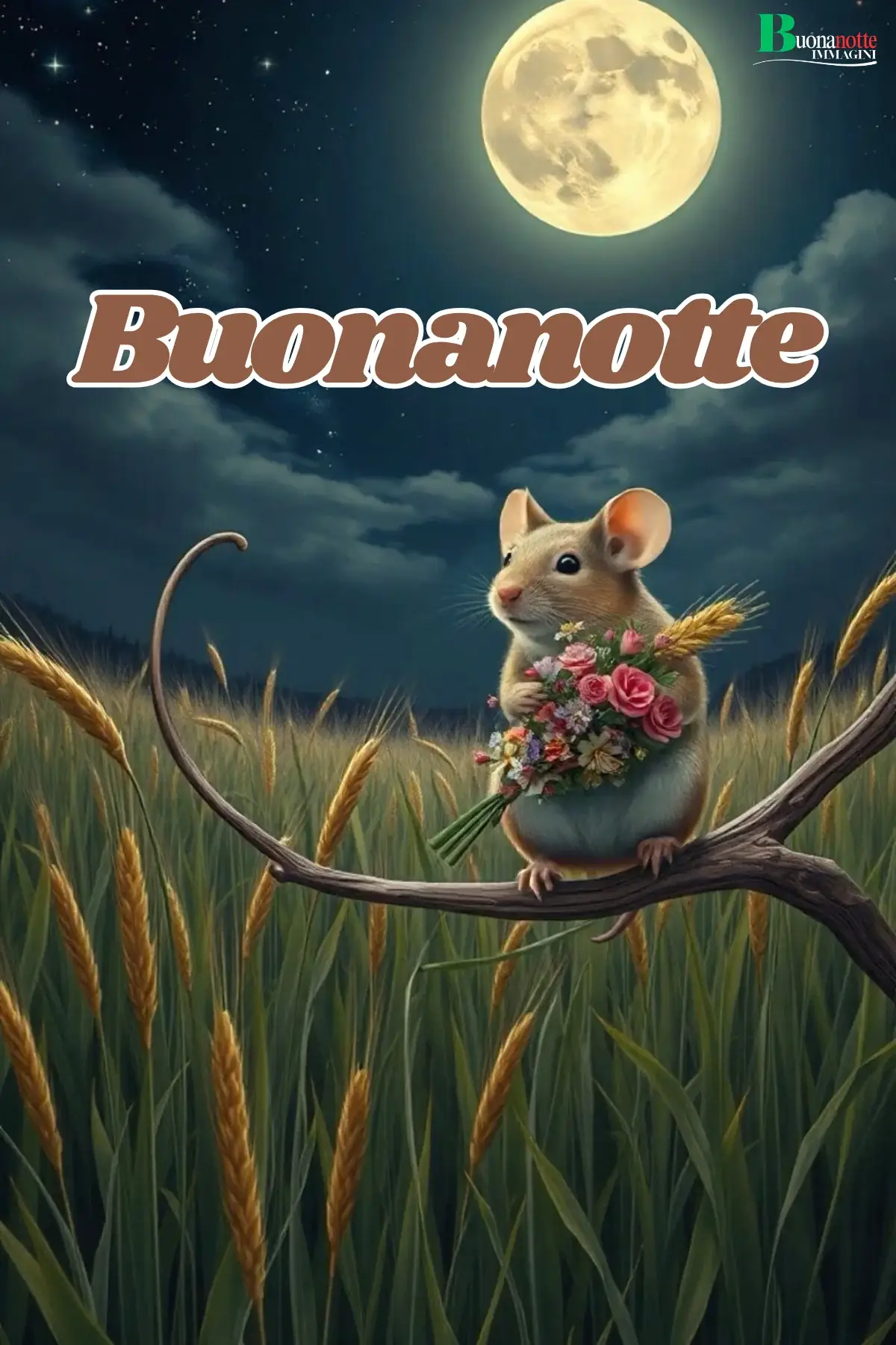 Topolino con fiori sotto la luna buonanotte sogni d'oro