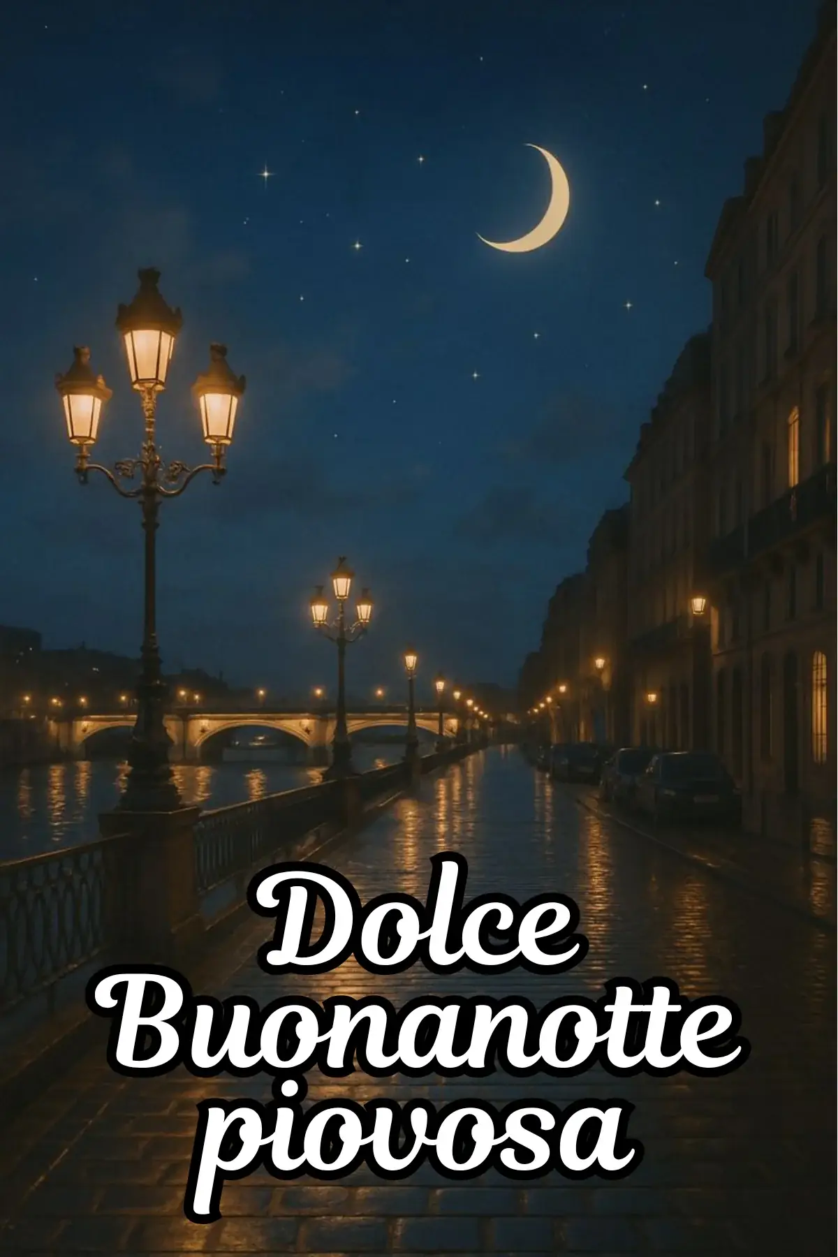 Lungotevere notturno con lampioni pioggia e luna crescente immagine buonanotte romantica