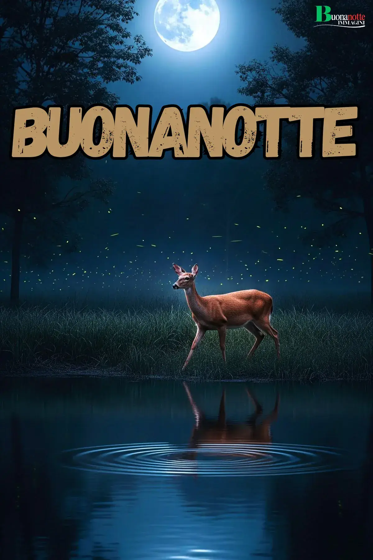 Cerbiatto al chiaro di luna tra lucciole e lago immagine buonanotte