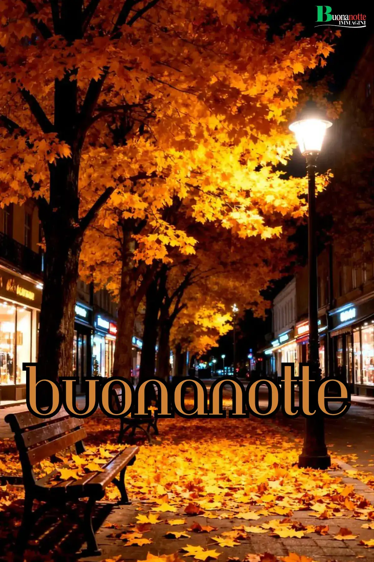 Viale autunnale notturno con foglie dorate lampione e panchina buonanotte autunnale