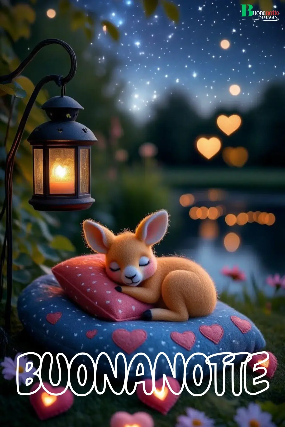 Cerbiatto addormentato su cuscino con cuoricini e lanterna accesa immagine buonanotte