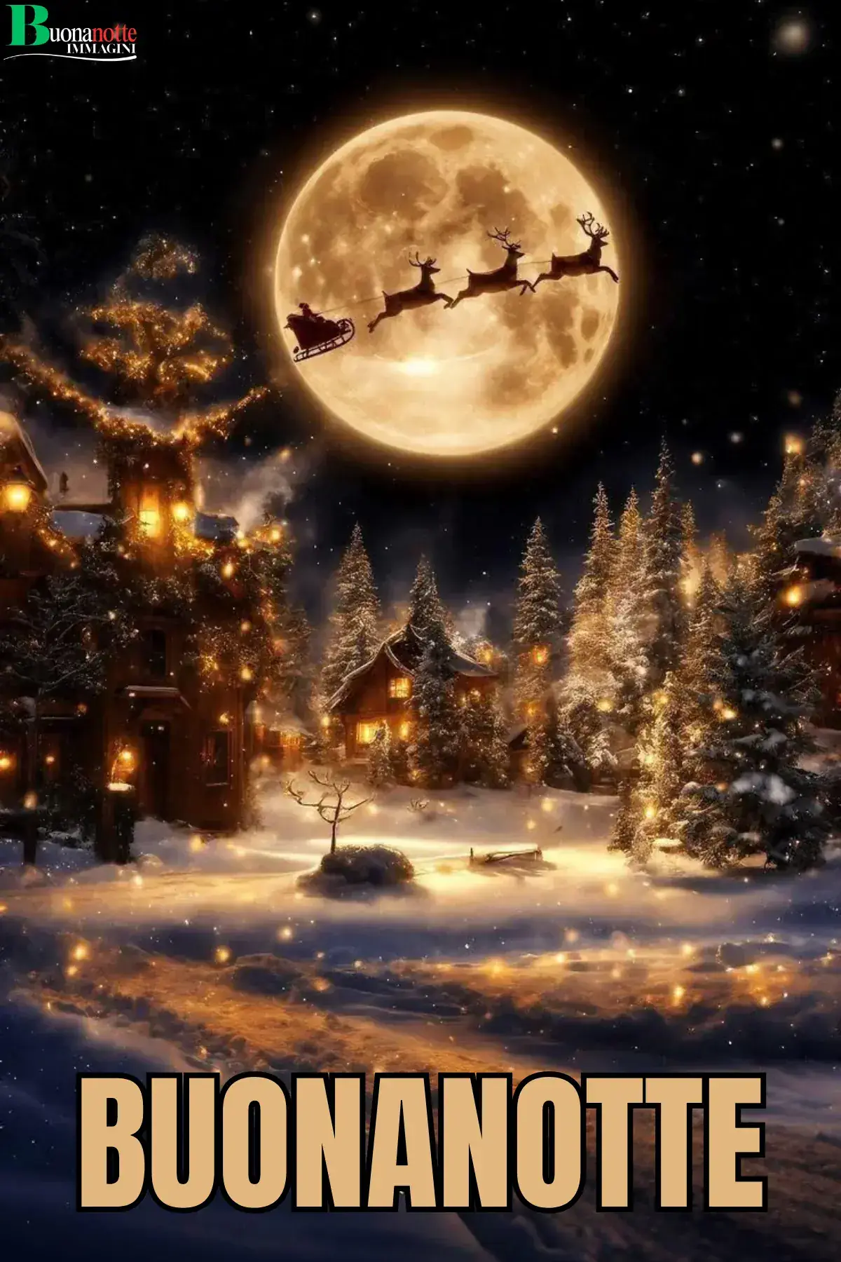 Slitta di Babbo Natale davanti alla luna piena villaggio innevato buonanotte natalizia