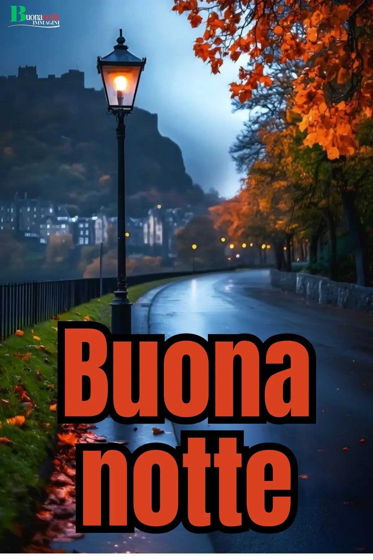 Lampione acceso su viale autunnale bagnato con foglie arancioni buonanotte autunnale
