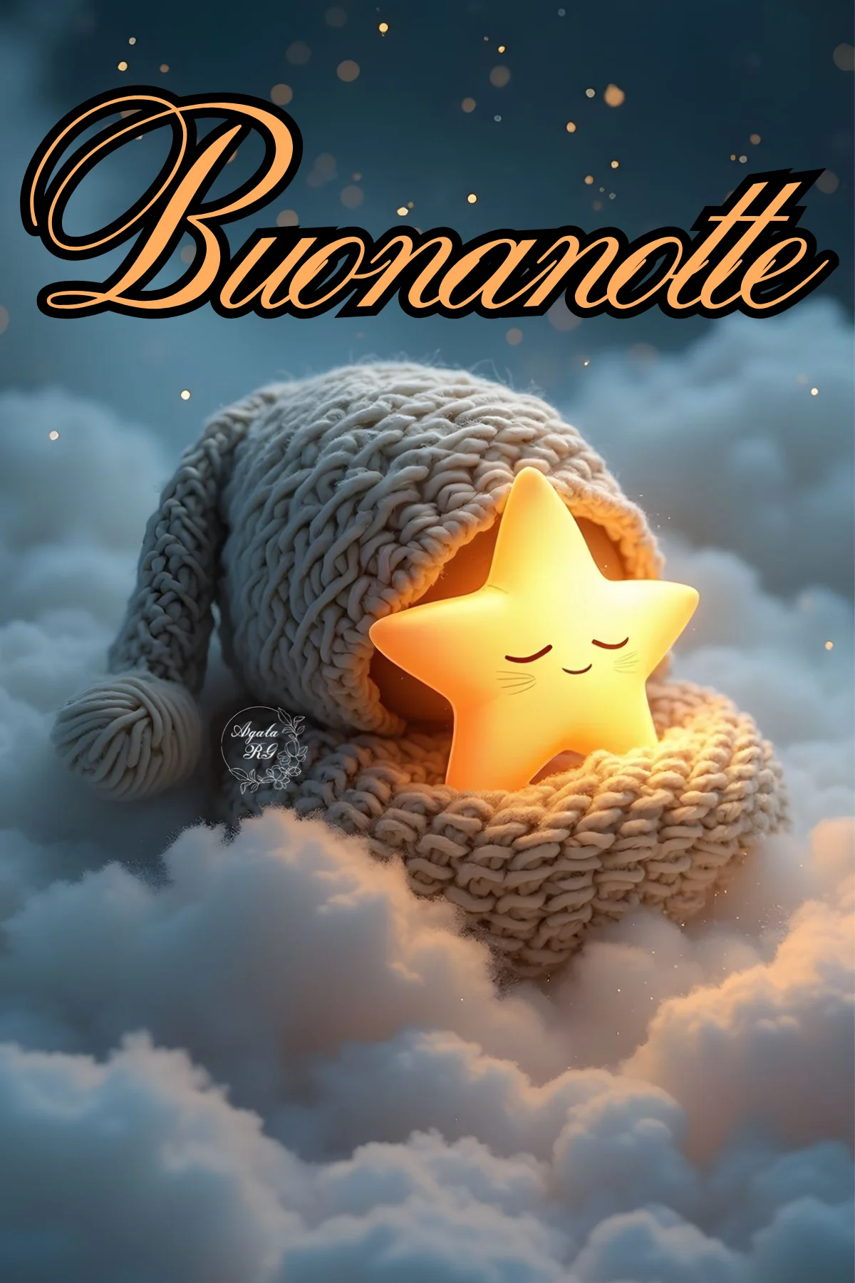 Stellina dorata che dorme su nuvola con berretto di lana buonanotte WhatsApp