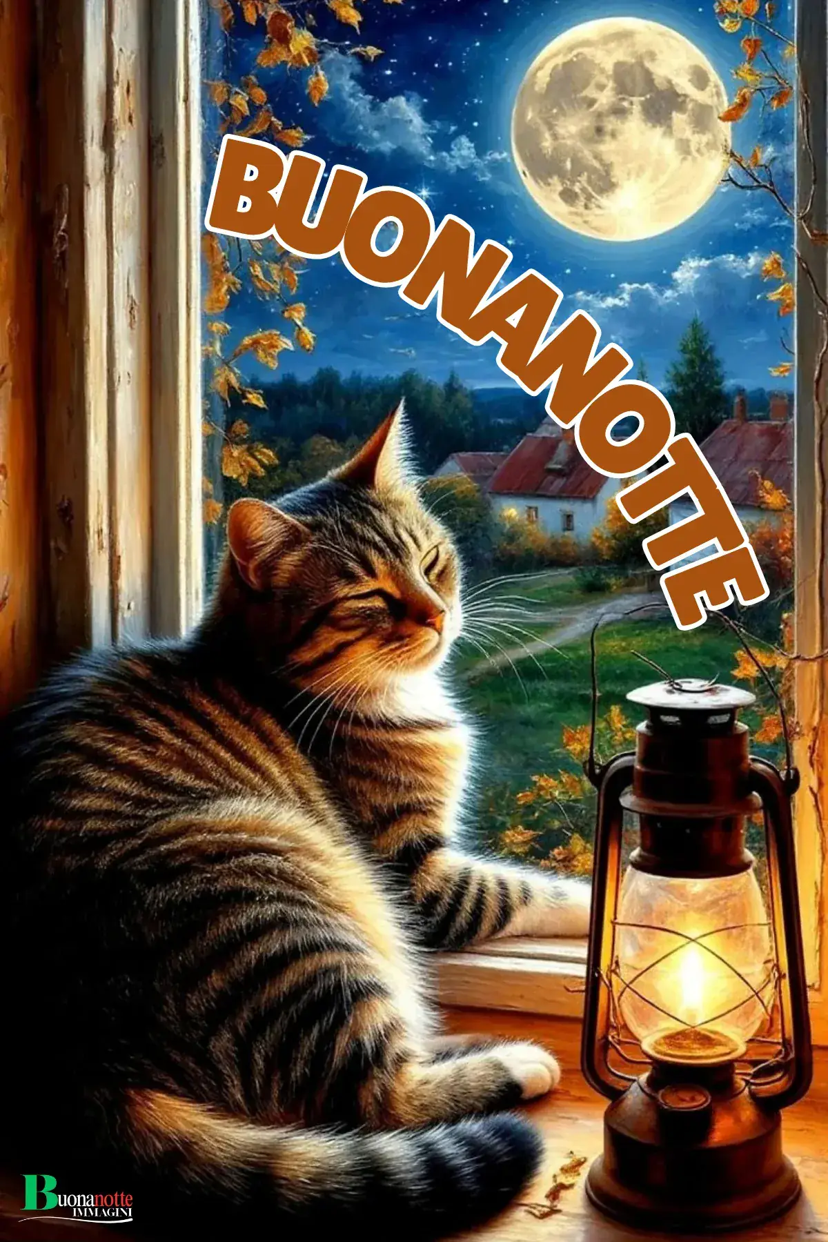 Gattino tigrato addormentato sul davanzale con lanterna e luna piena autunnale buonanotte