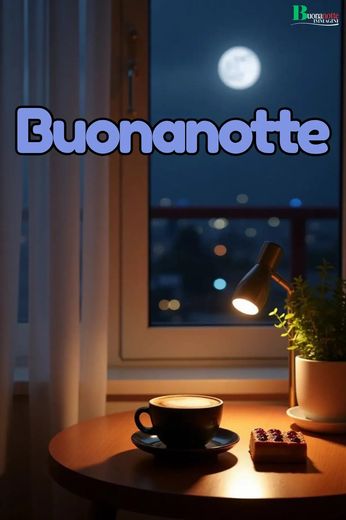 Tazza di cappuccino e dolcetto su tavolino con luna piena dalla finestra immagine buonanotte