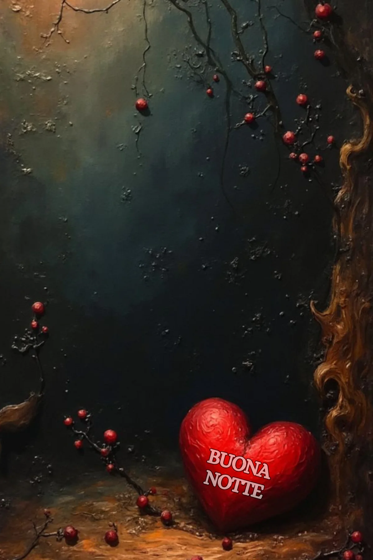 Cuore rosso ai piedi di un albero scuro con bacche rosse buonanotte originale