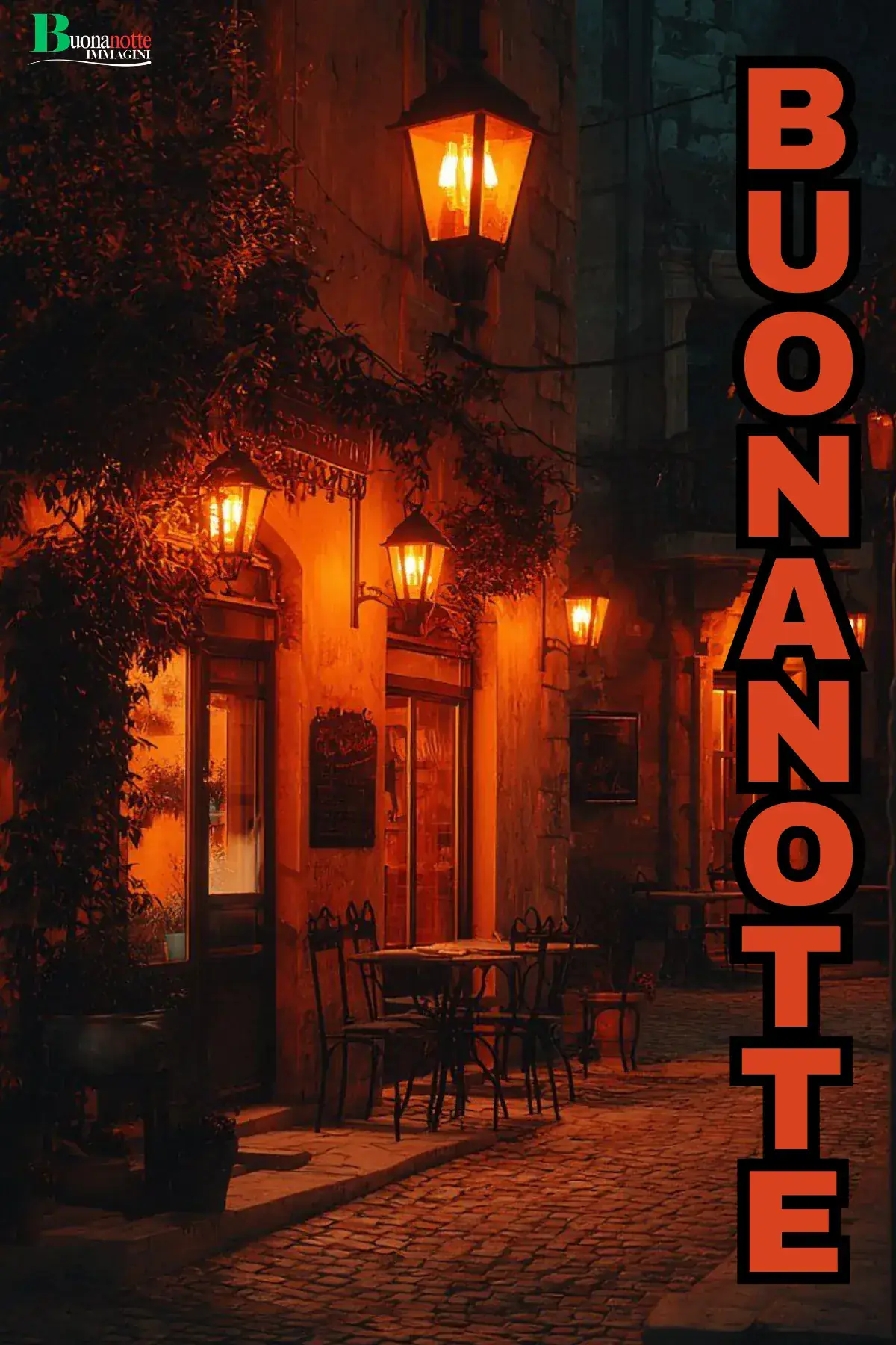 Vicolo antico con lanterne accese e tavolini nella notte buonanotte autunnale