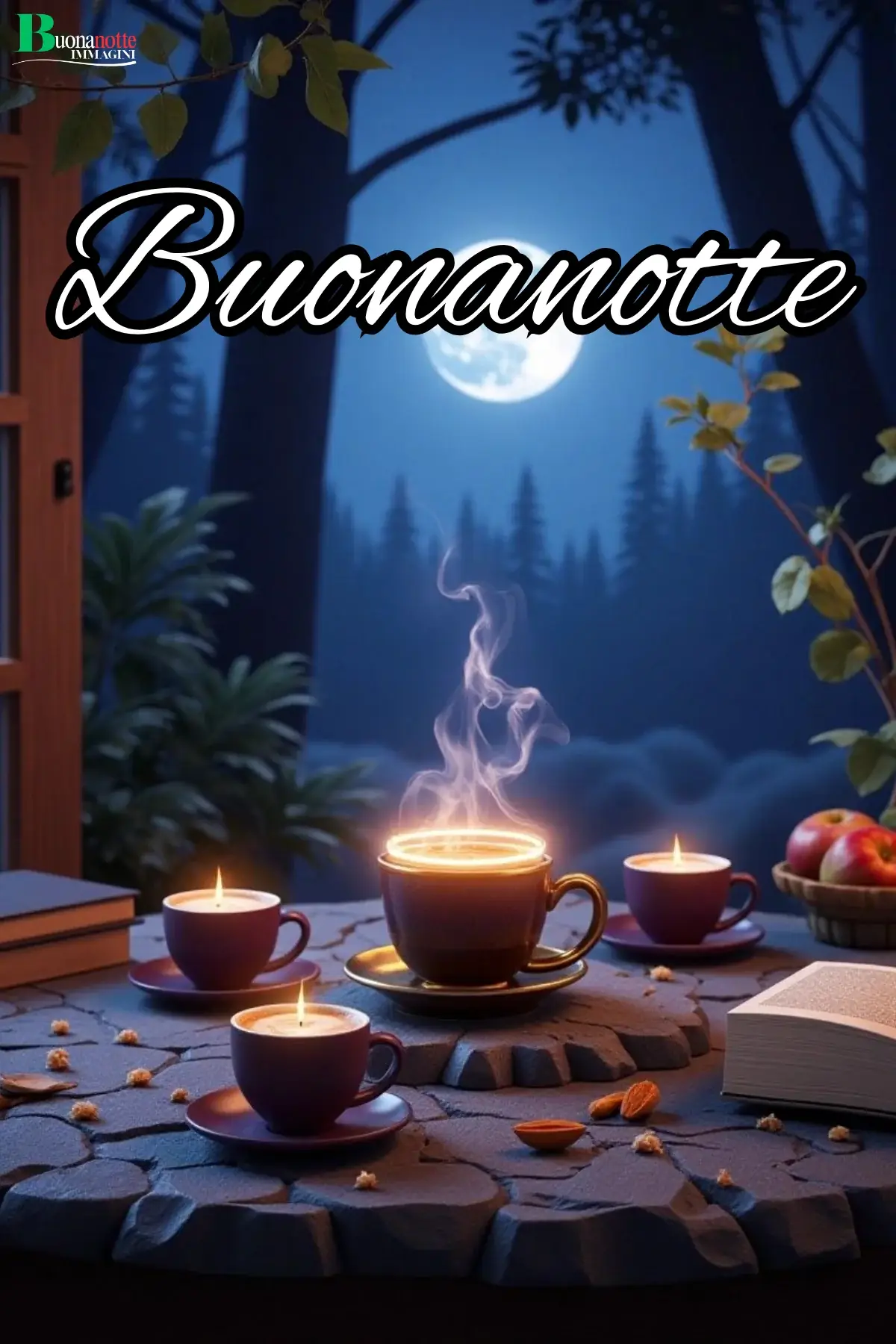 Tisana fumante sotto la luna buonanotte autunnale