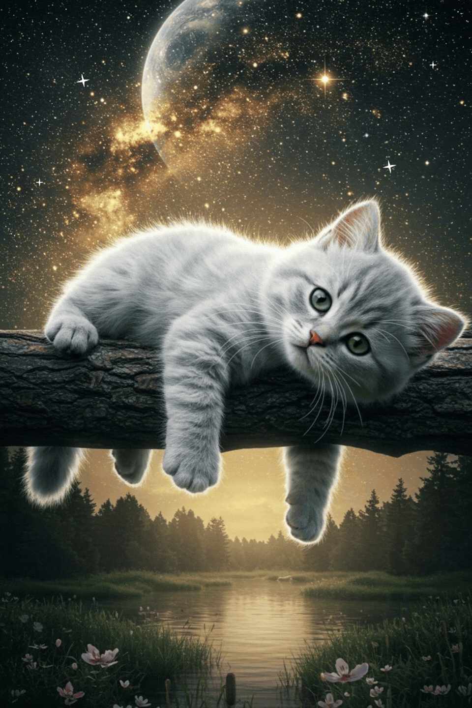 Gattino sul ramo sotto le stelle buonanotte originalissima gif