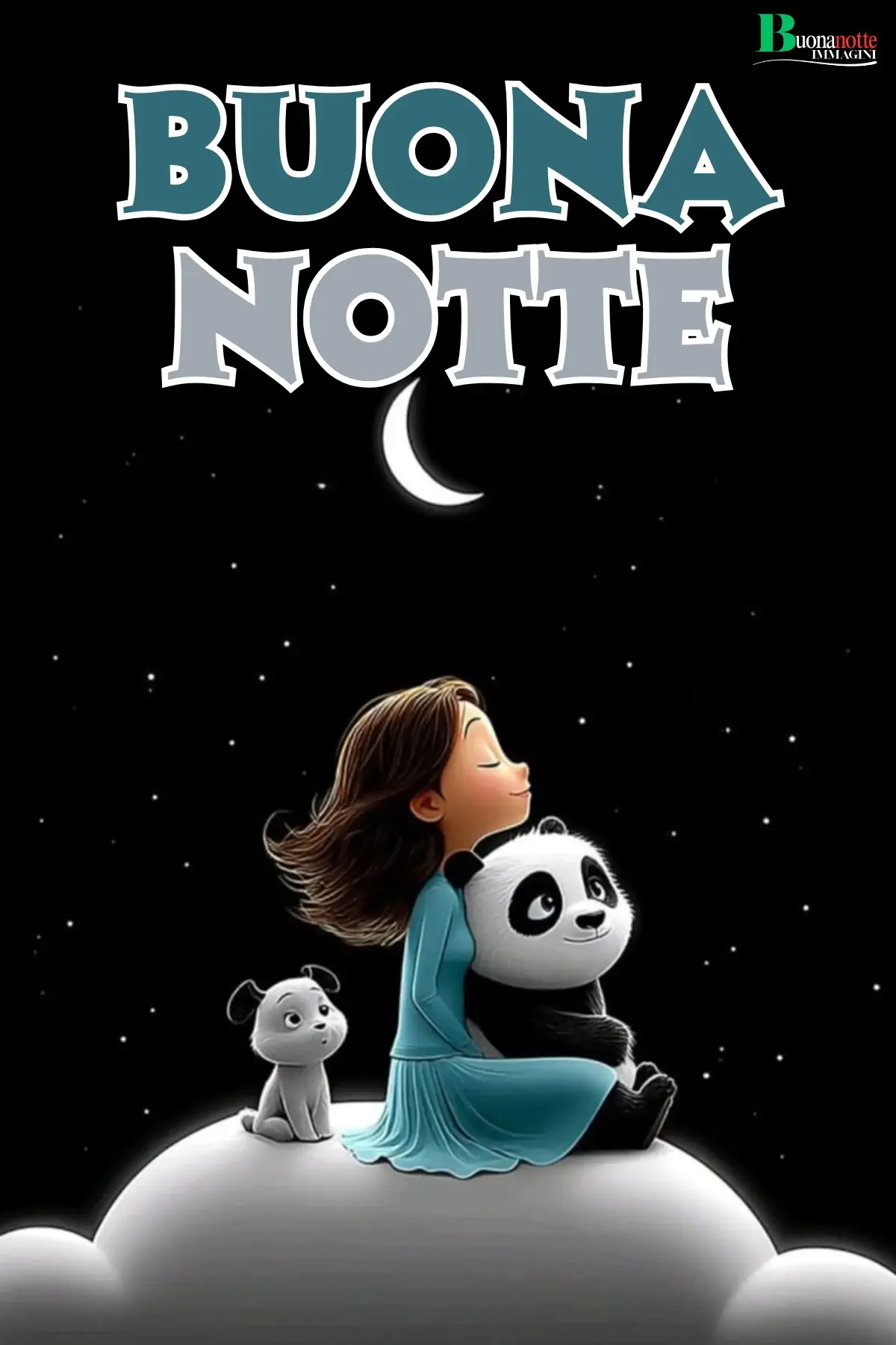 Bambina su nuvola con panda e cagnolino buonanotte divertente