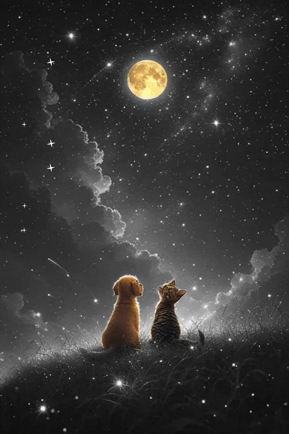 Cane e gatto seduti insieme sotto la luna piena stellata buonanotte gif