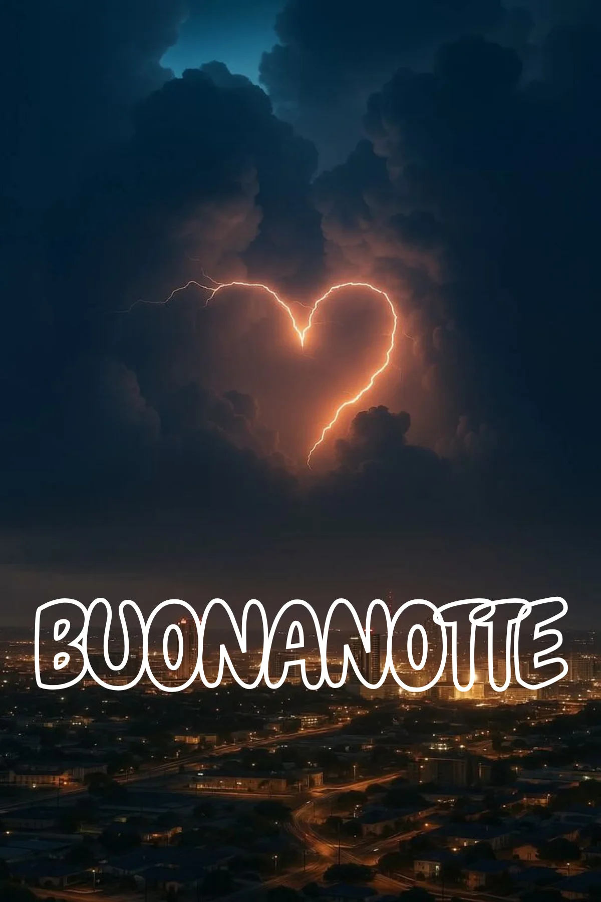 Fulmine a forma di cuore nel cielo notturno sopra città buonanotte speciale